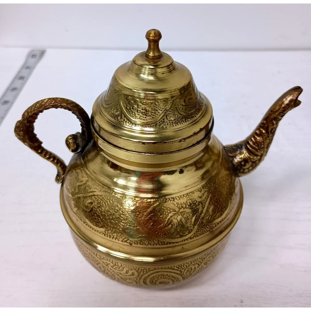 Vintage Teapot Embossed Brass Asian Small Gold Decorative Tea Pot Etched Floral